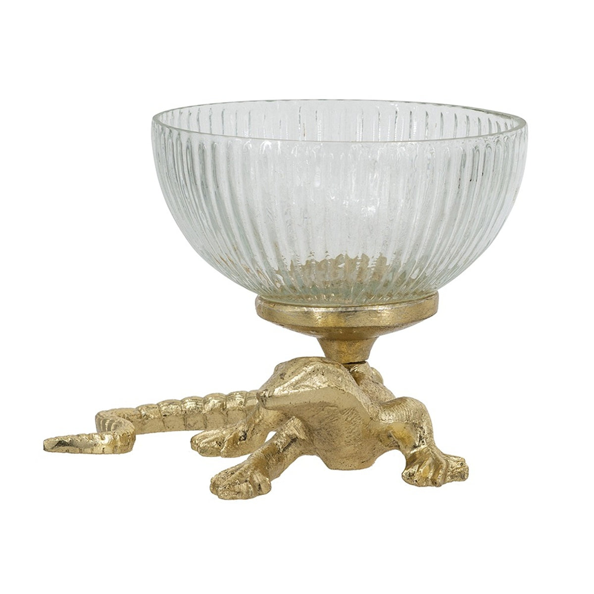 5x5x4.5' Gold Lizard Pedestal Bowl with Ribbed Glass Dish