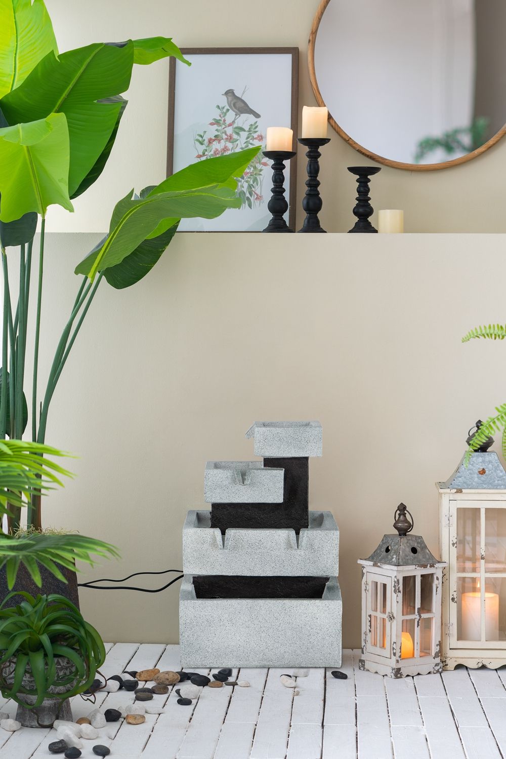 Decorative 4 Tier Block Fountain With Light for Indoor and Outdoor - Black / Gray