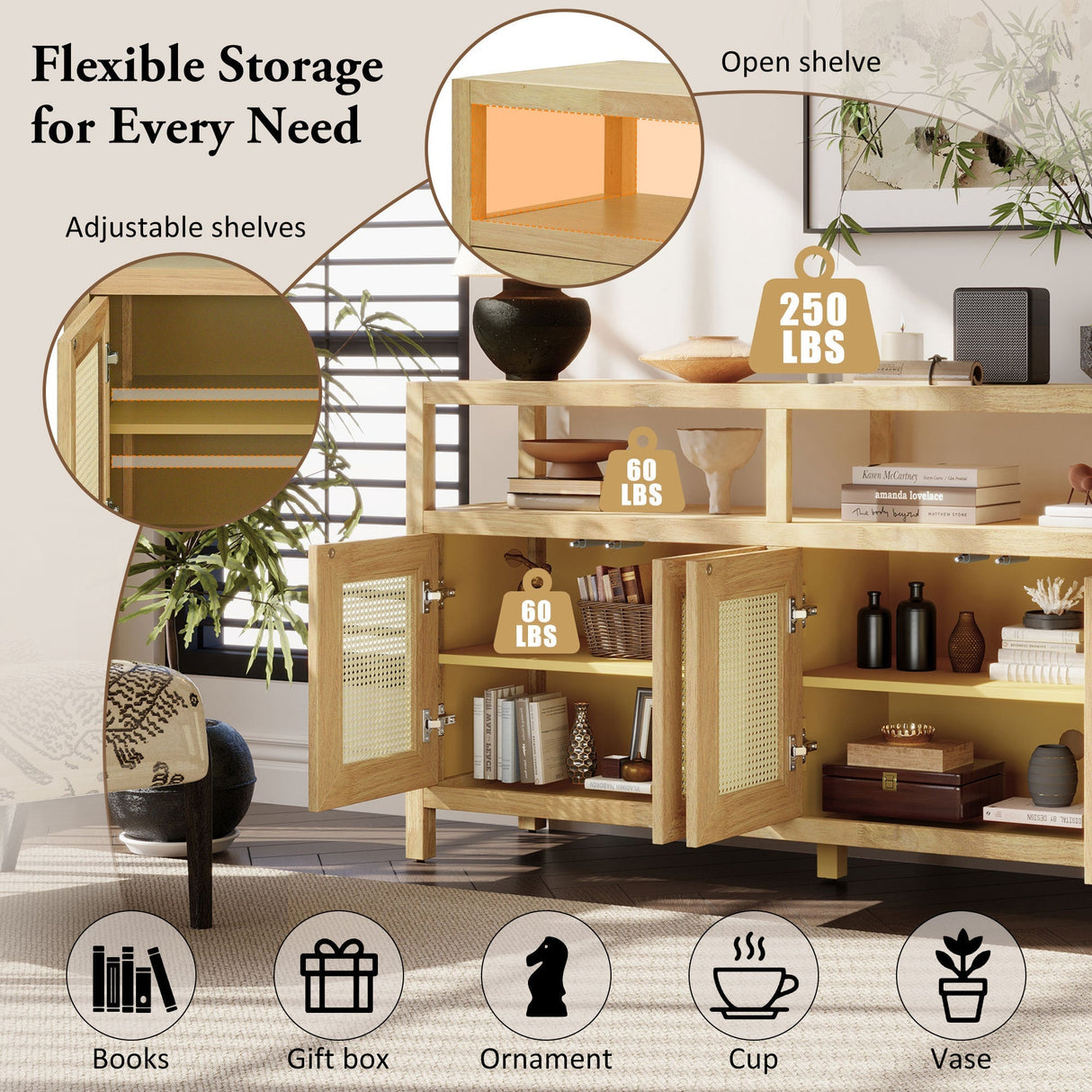 Bohemian Style Rattan Buffet Storage Cabinet with Solid Wood Frame