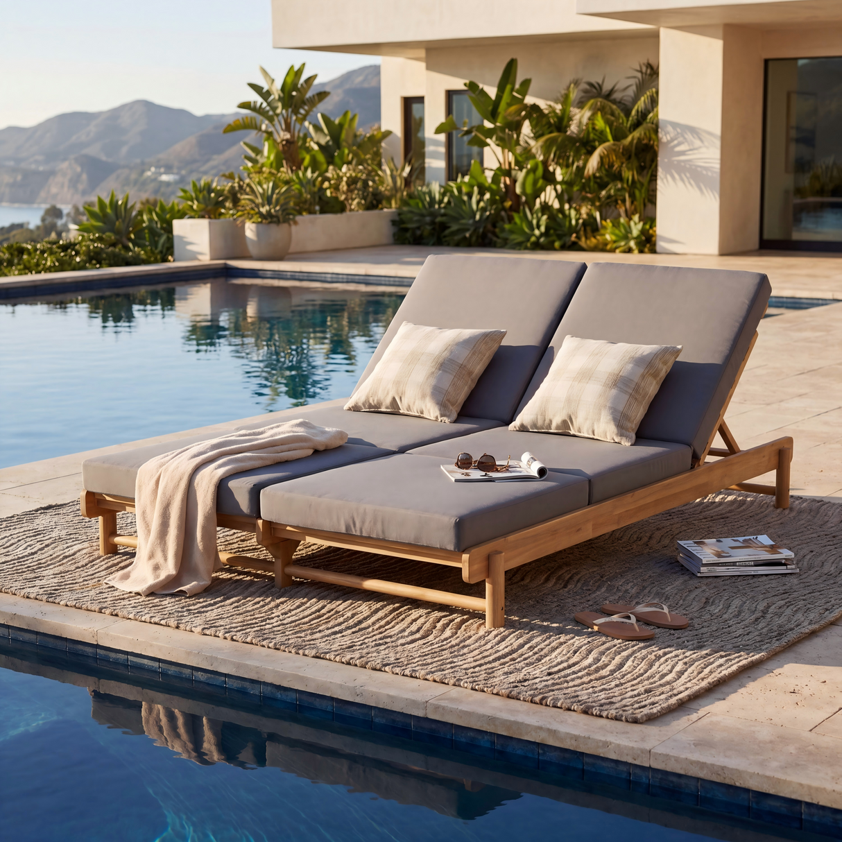 Light Teak Acacia Wood Double Chaise Lounger Set