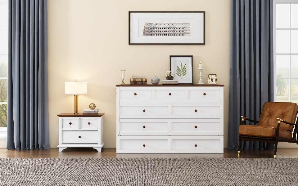 Solid Pine Murphy Bed Chest with Charging Station and Large Storage Drawer - Queen