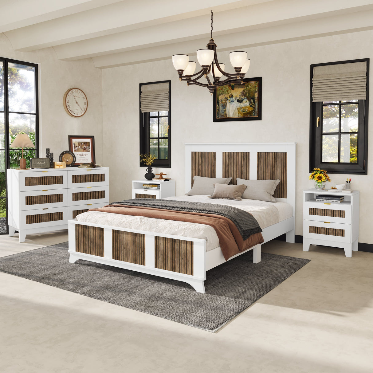 4-Pieces Bedroom Sets, Queen Size Farmhouse Platform Bed with Storage