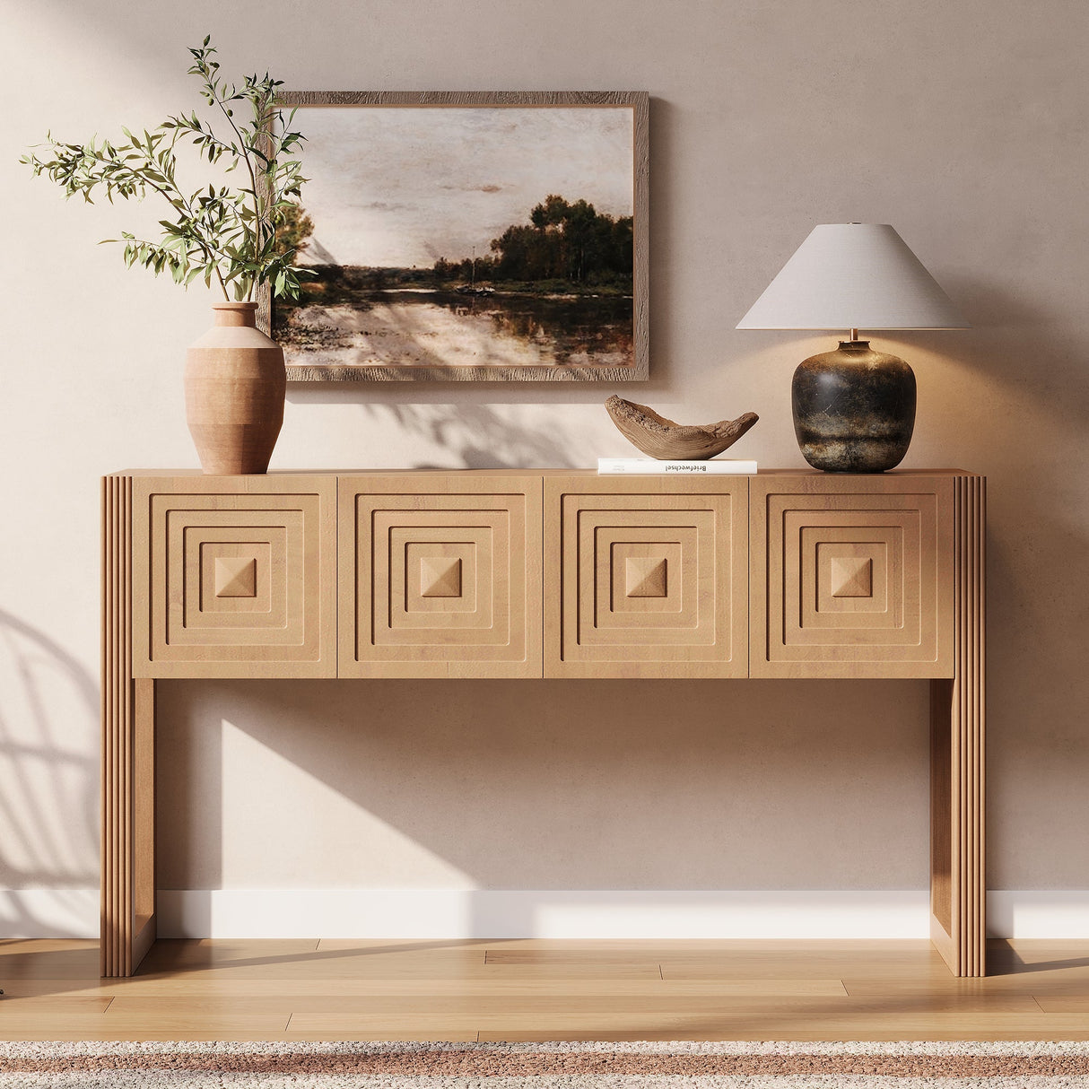 Geometric Carved Console Table with Soft-Close Drawers