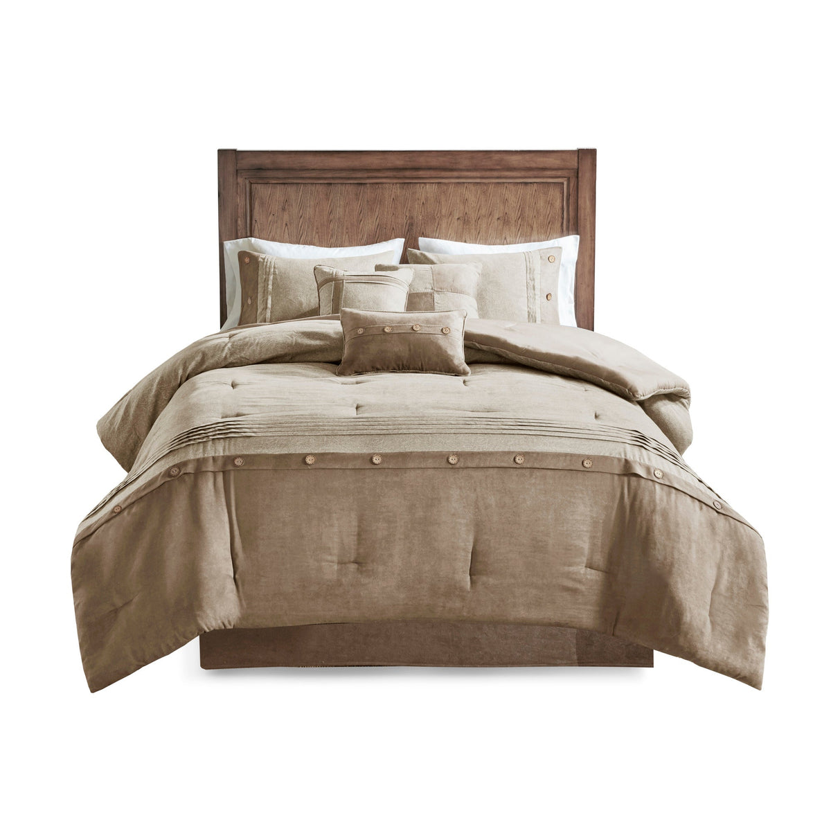 Tan Faux Suede King Comforter Set with Hypoallergenic Filling - 7 Piece