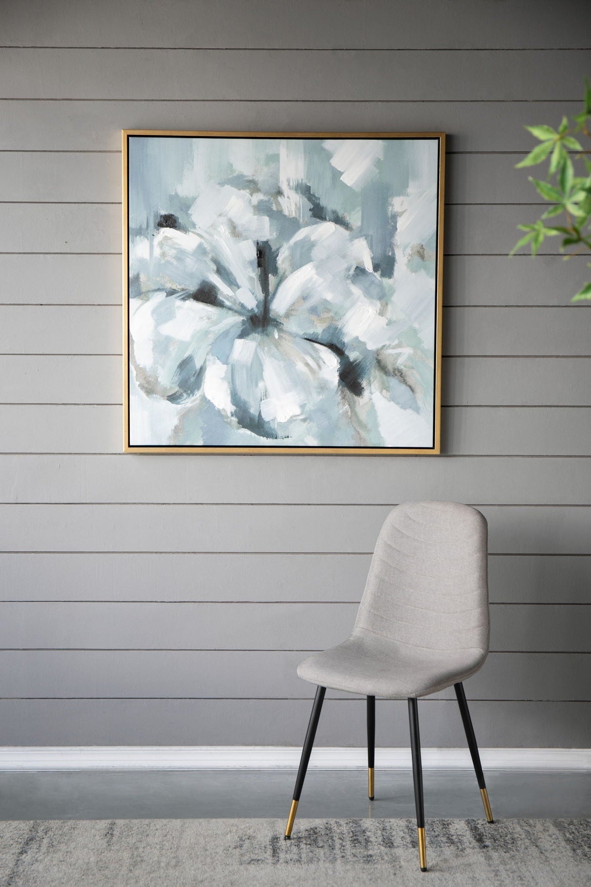 Large Modern Flower Oil Painting Square Frame Wall Art - Blue / Gray