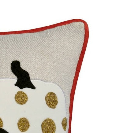 Embroidered Halloween Pumpkin Pillow with Polka Dot Linen – Multicolor