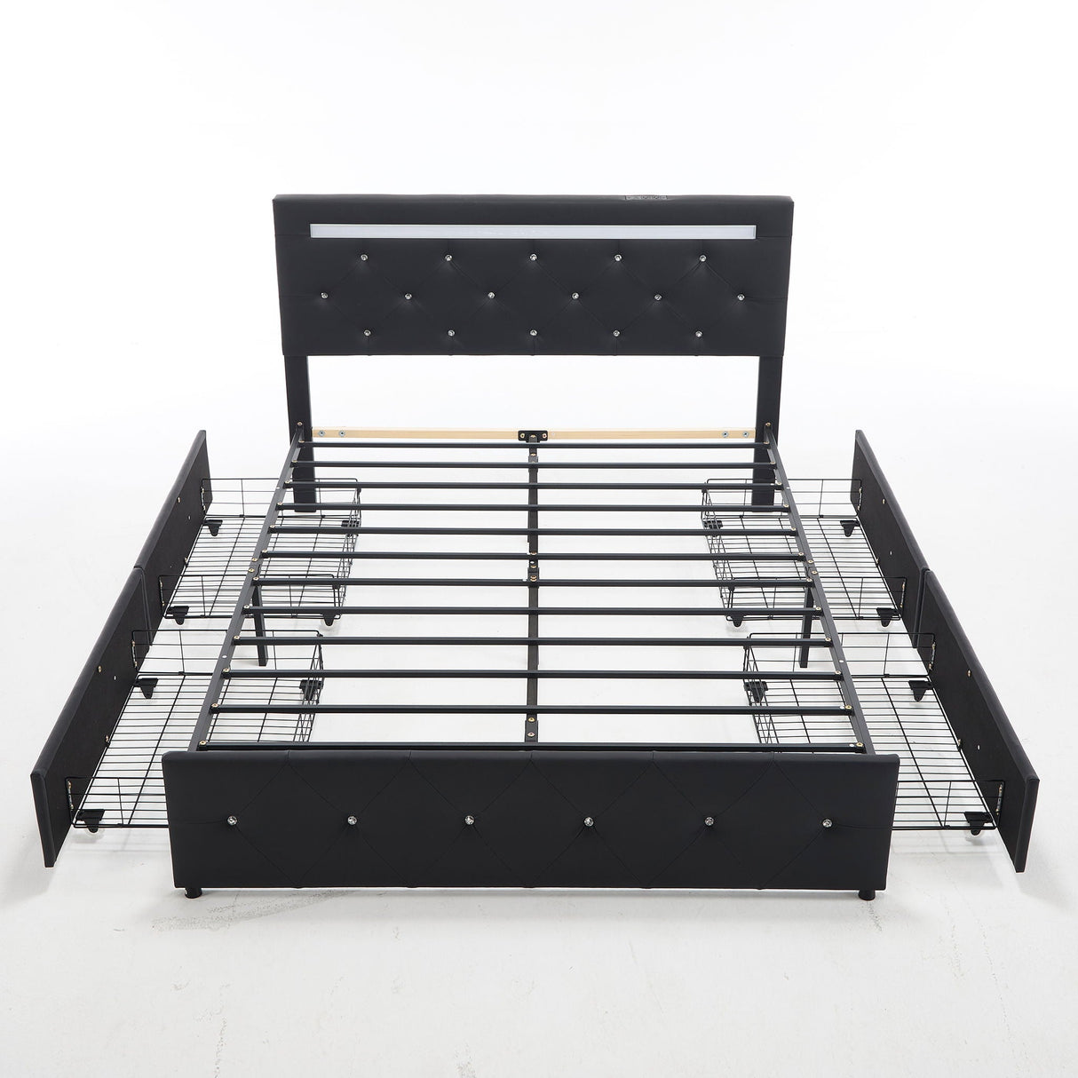 Upholstered Bed Frame With LED Lights, 4 Storage Drawers, Charging Station