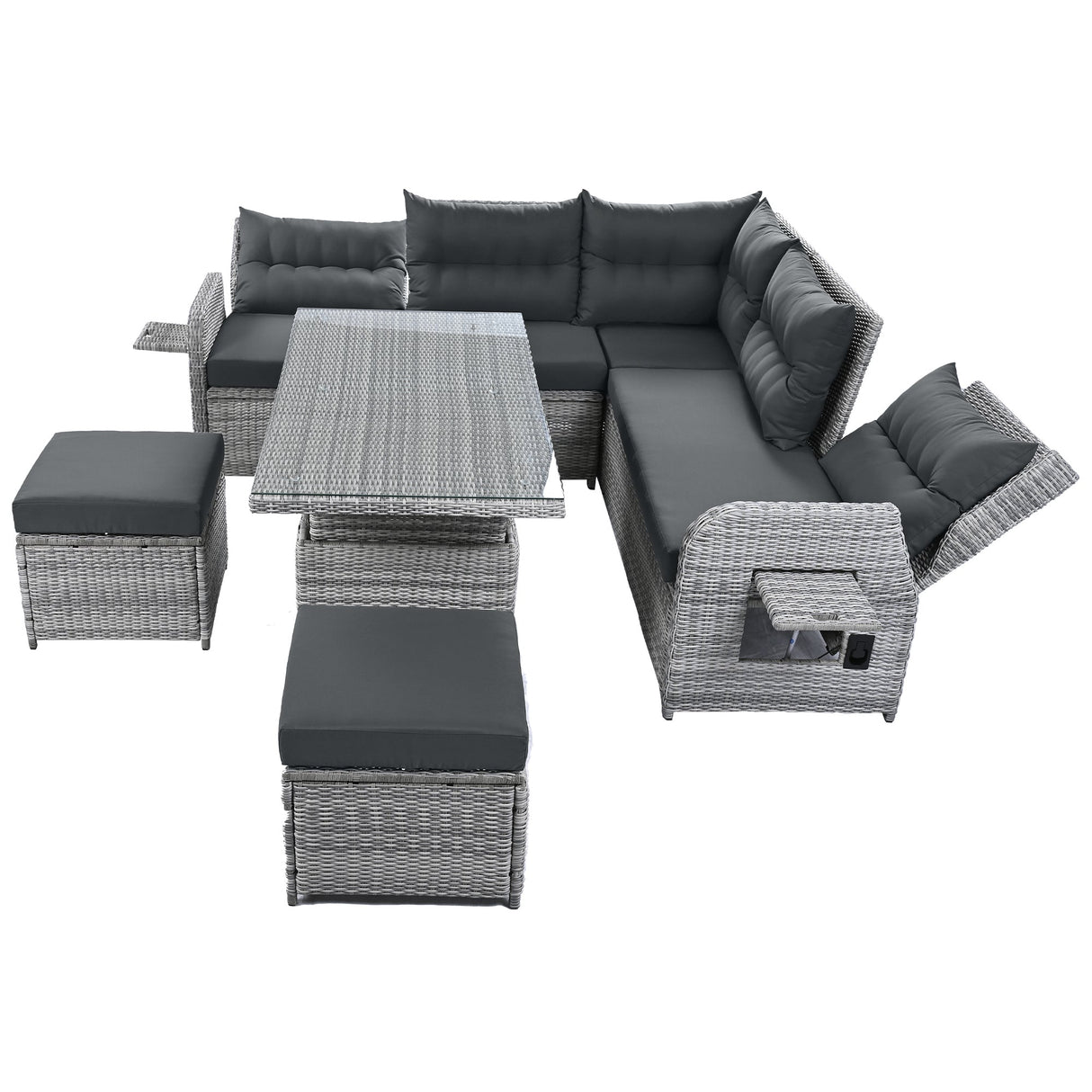 Outdoor Furniture Set Patio Rattan Furniture with Adjustable Table, Recliners, Side Tables, Ottomans