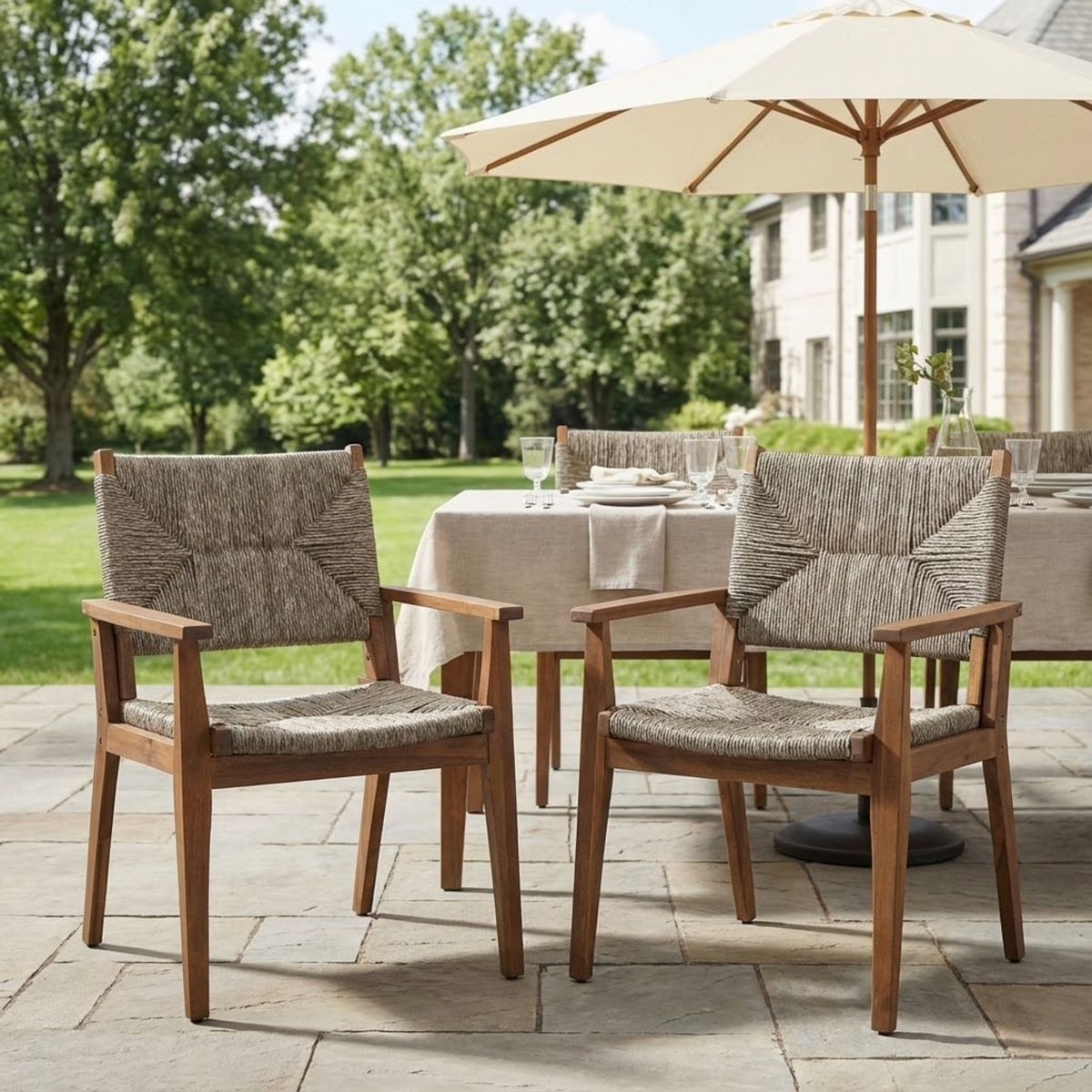Durable Outdoor Dining Chair with Acacia Wood Frame, Handwoven Wicker Seat, Brown Finish, Patio Garden Furniture, (Compatible with Matching Table) Set of 2