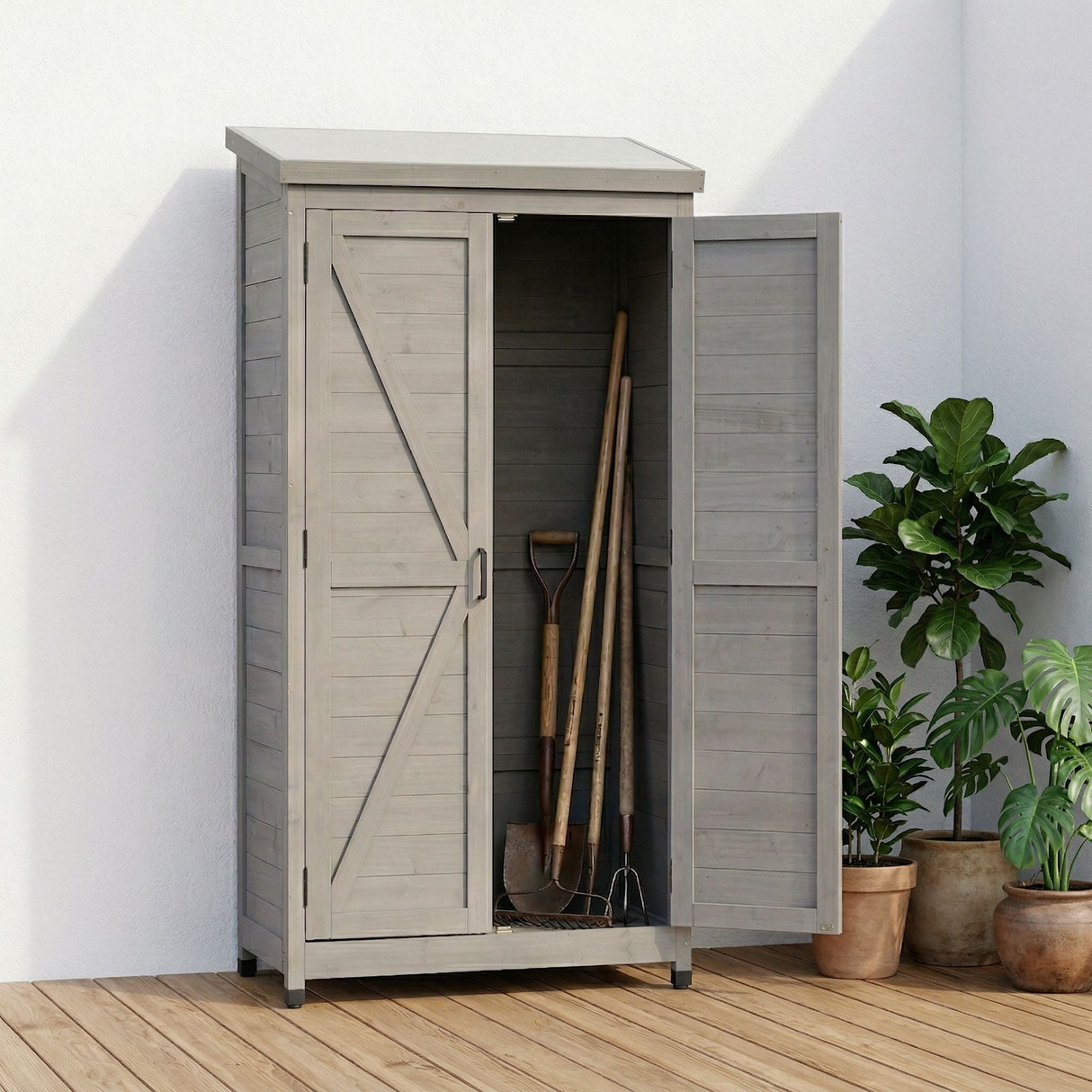 Outdoor Storage Shed With Vertical Tool Cabinet For Backyard