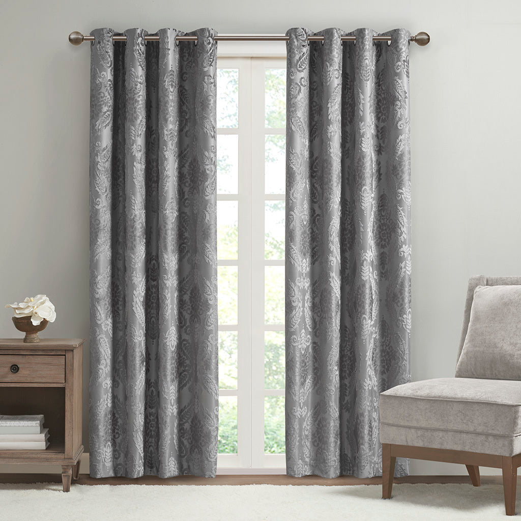 Knitted-Jacquard-Paisley-Total-Blackout-Grommet-Top-Curtain-Panel-Window-Curtains