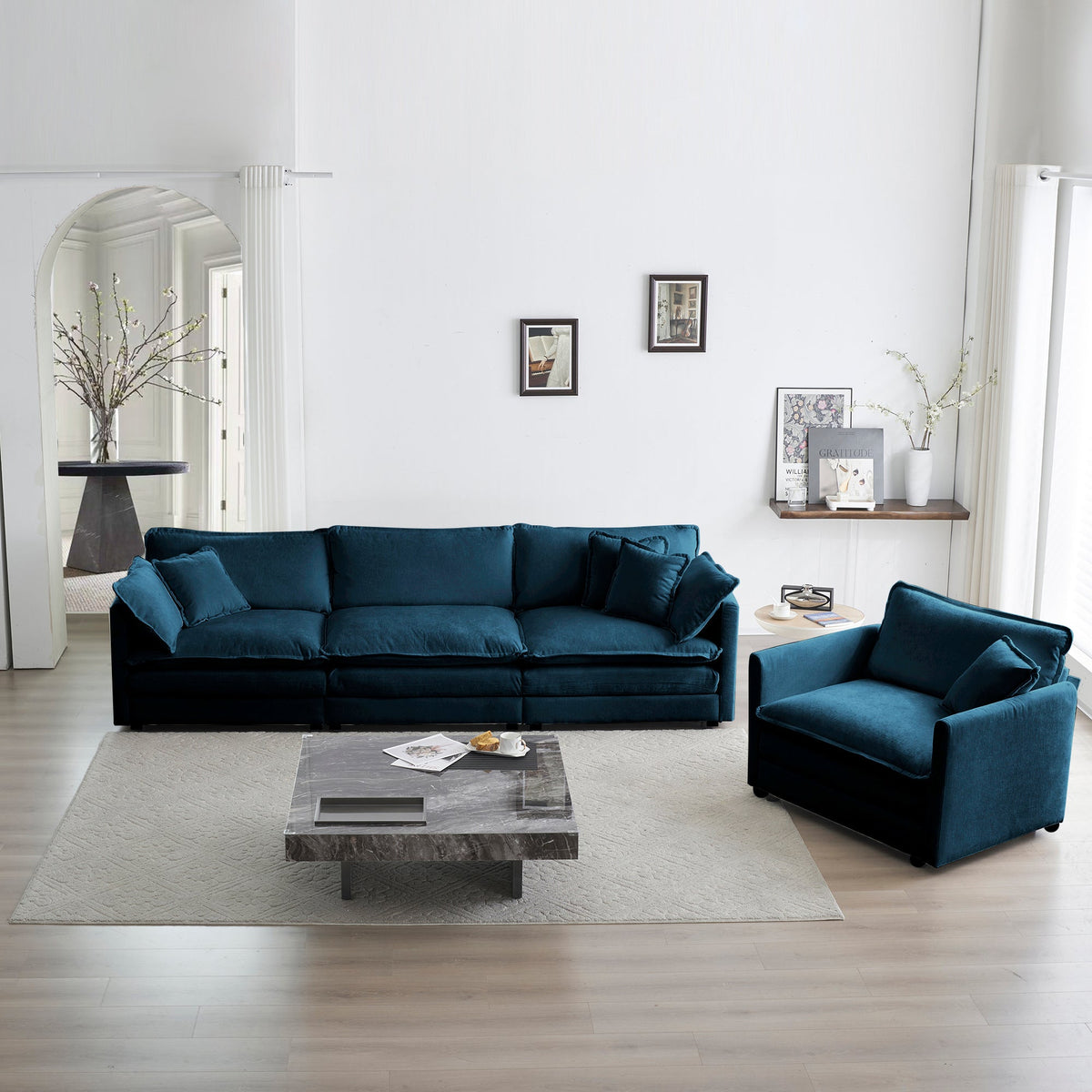 2-Piece Upholstered Sectional Sofa Set in Blue Chenille