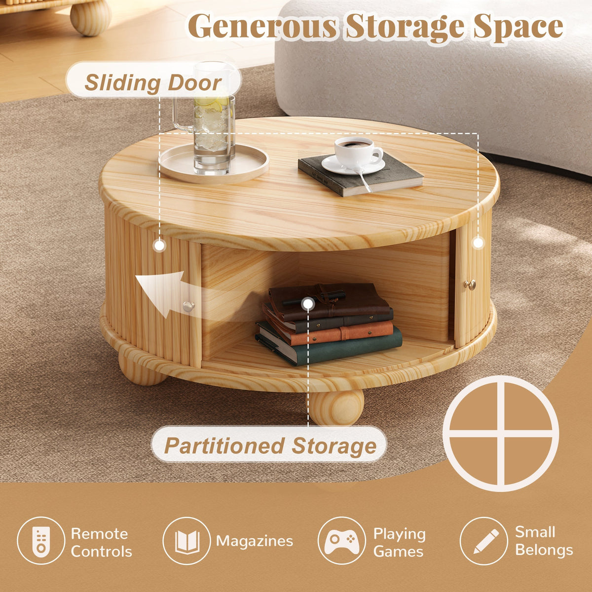Round Fluted Coffee Table with Storage - Pine Solid Wood