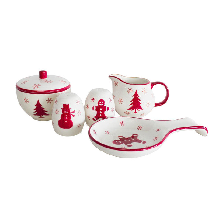 Winterfest 5 Piece Accessory Set| Sugar and Creamer , Salt and pepper shakers , spoon rest