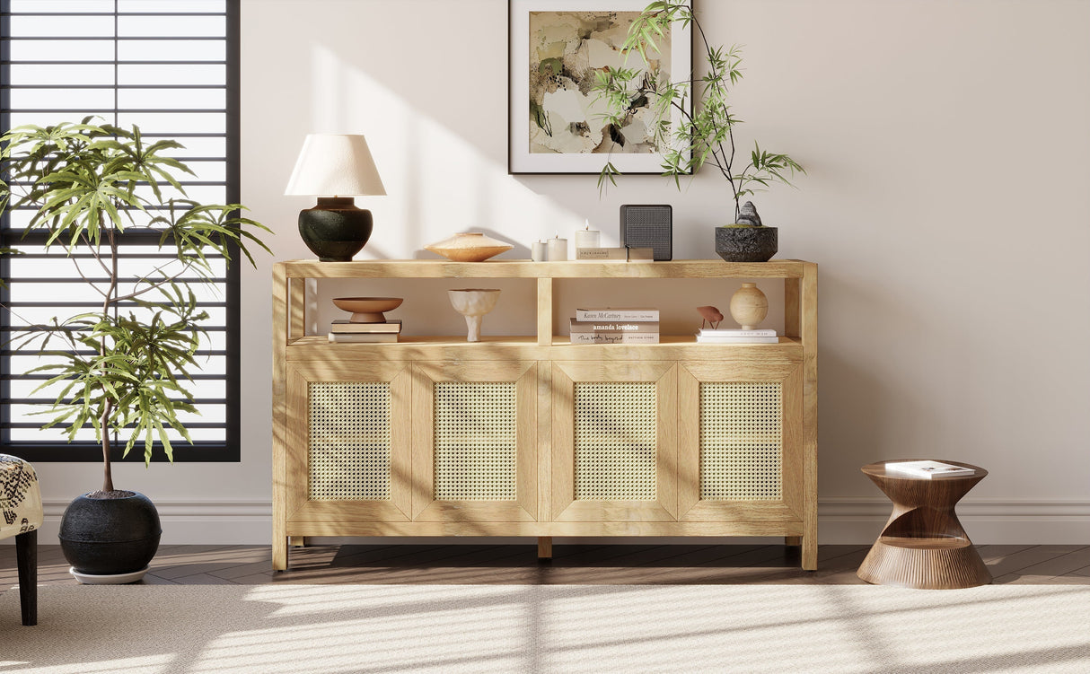 Bohemian Style Rattan Buffet Storage Cabinet with Solid Wood Frame