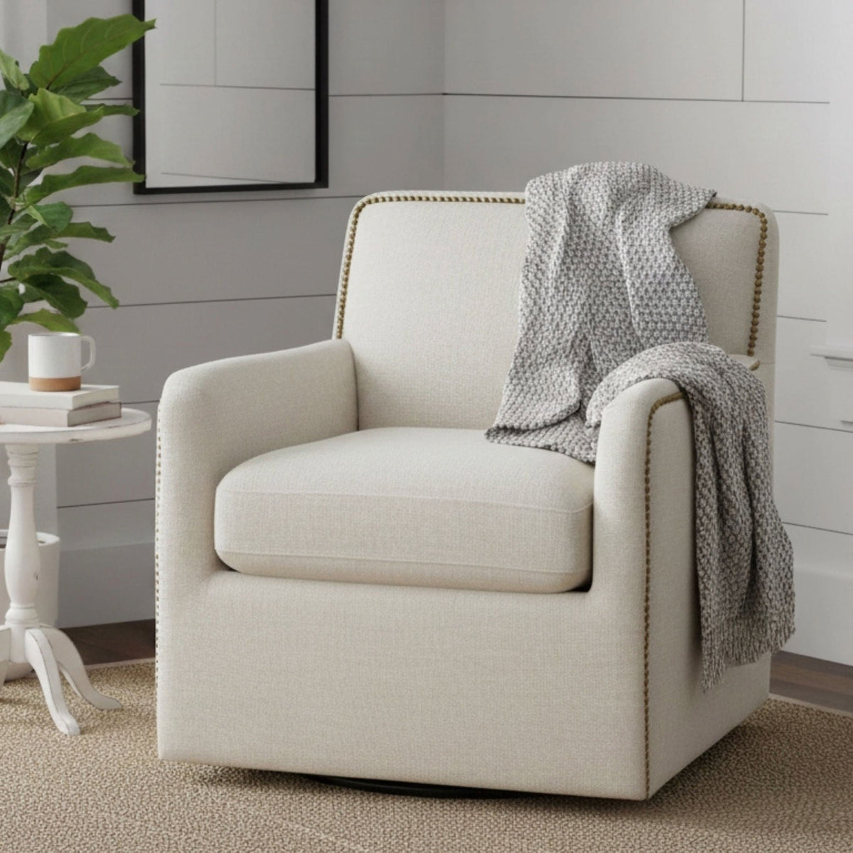 Cream Swivel Accent Chair with Antique Brass Nailhead Trim