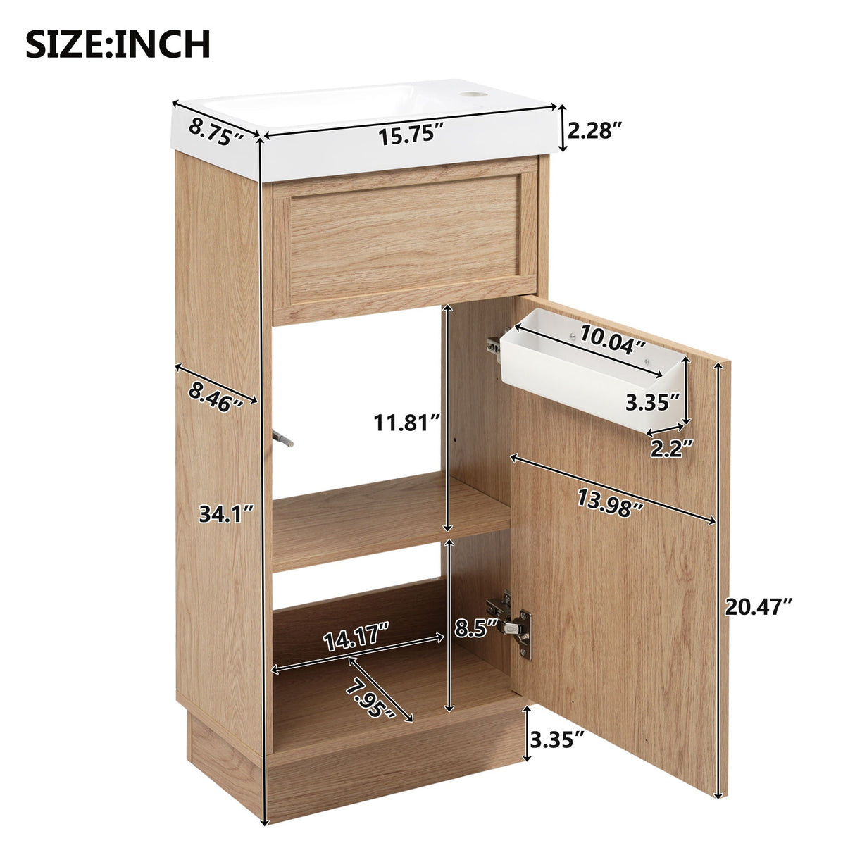 15.75" Wood Bathroom Vanity with Reversible Resin Sink and Cabinet