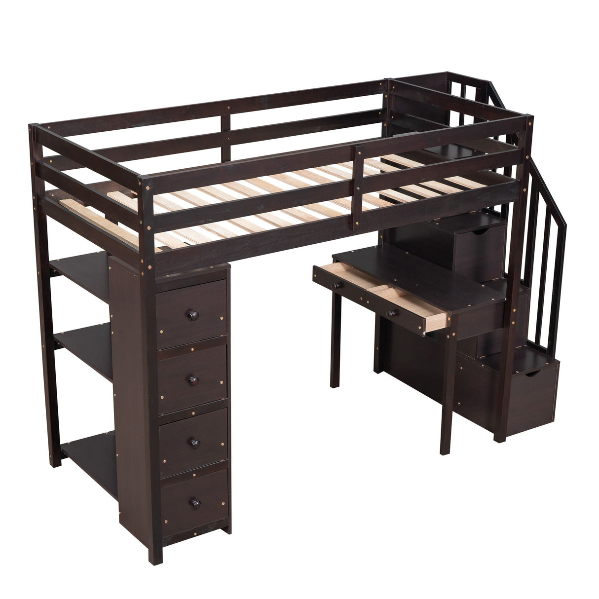Loft Bed With Storage Drawers, Desk And Stairs With Shelves