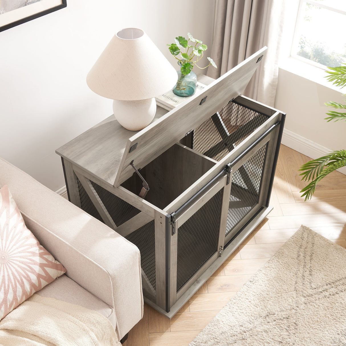 Farmhouse Dog Cage Crate Furniture with Sliding Barn Door