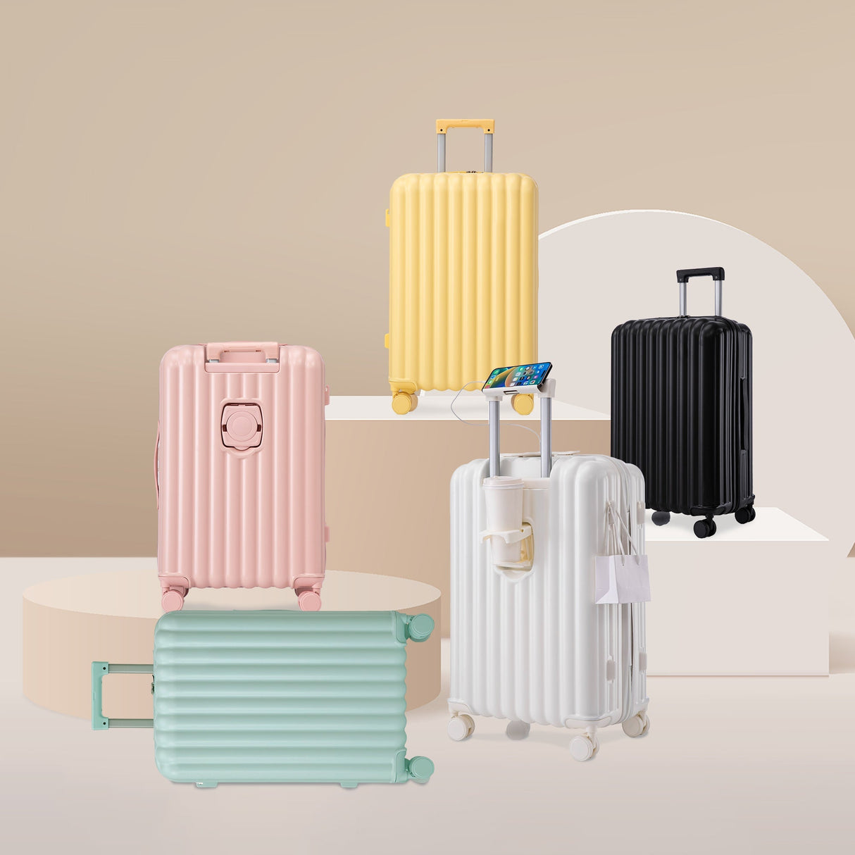 ABS Spinner Wheel Luggage Carry On Suitcase with Cup Holder and USB Port