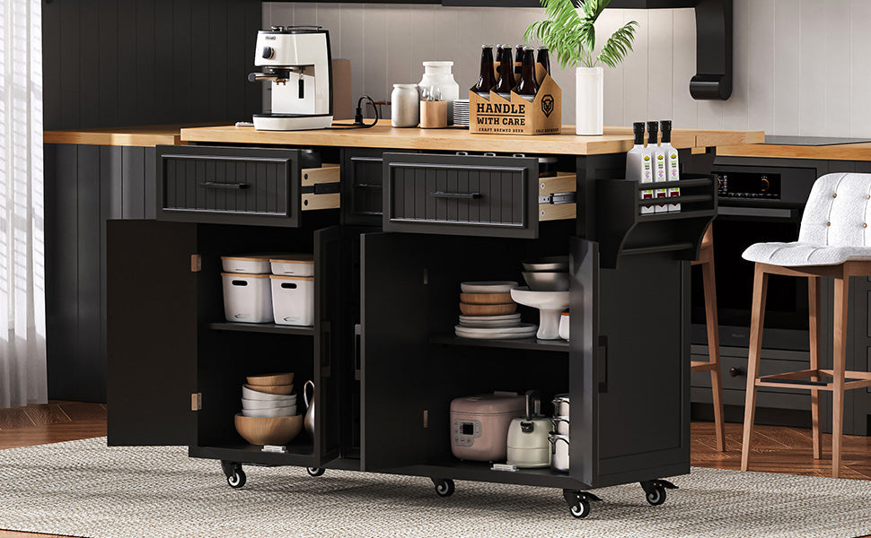K&K 56.5'' Kitchen Island with Drop Leaf, Power Outlet
