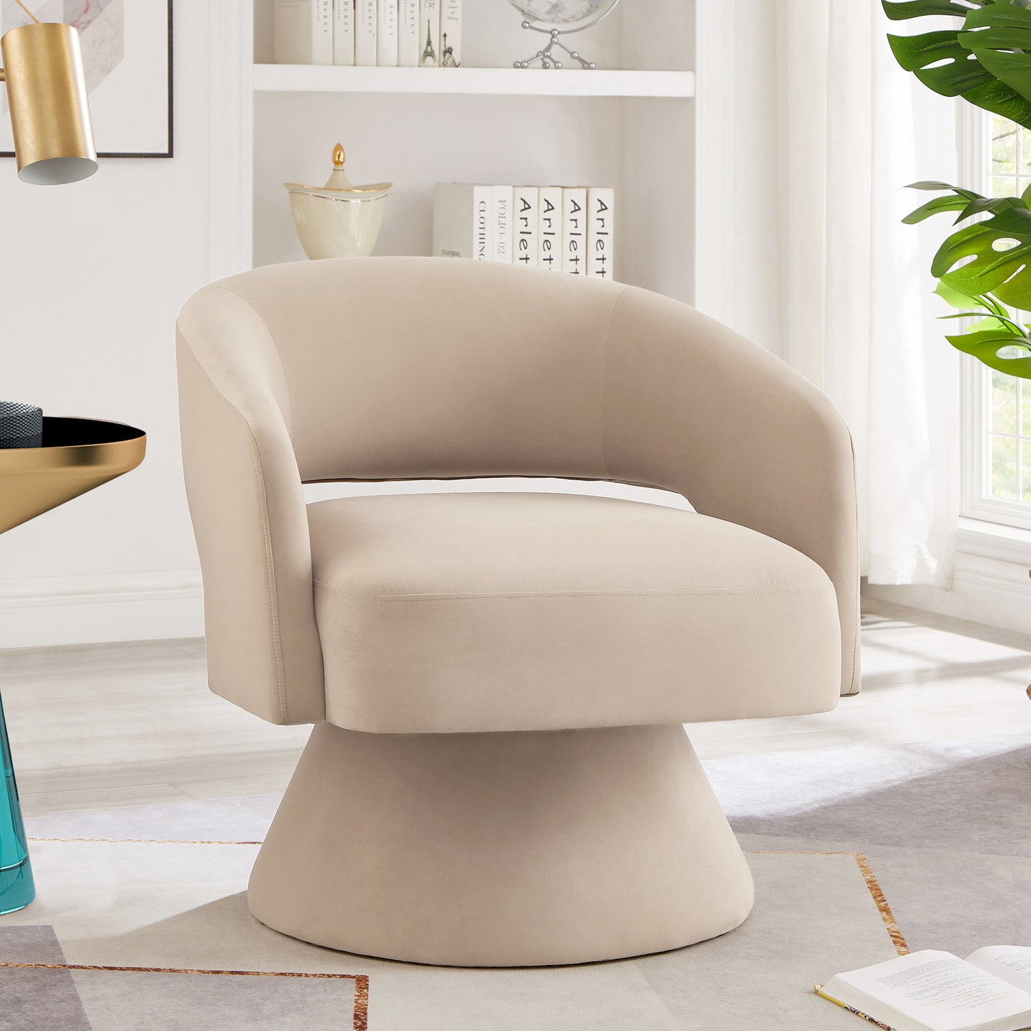 Modern Swivel Barrel Chair, Upholstered Velvet Round Accent Chairs,360 Degree Comfy Swivel Chair