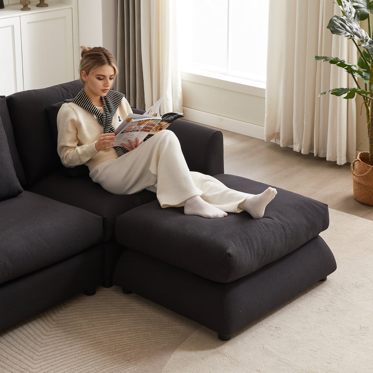 102.2 Inch Combination Sofa Modular Sofa with Ottoman Black