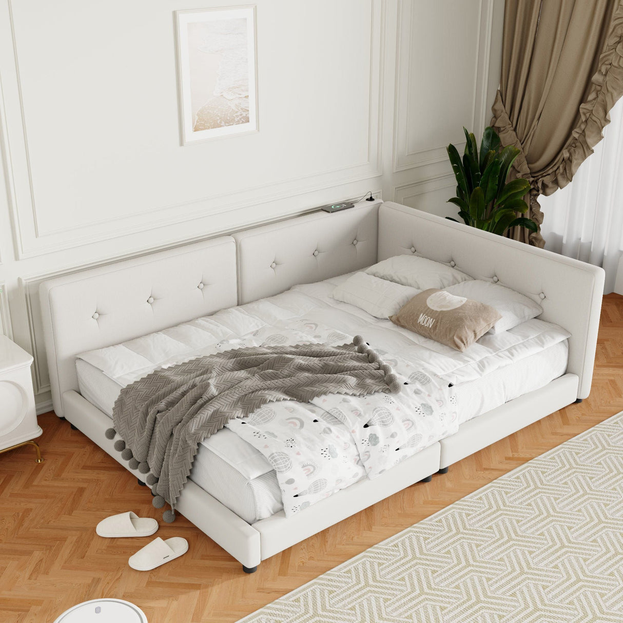 Modern Upholstered Platform Bed With USB Ports And LED Belt