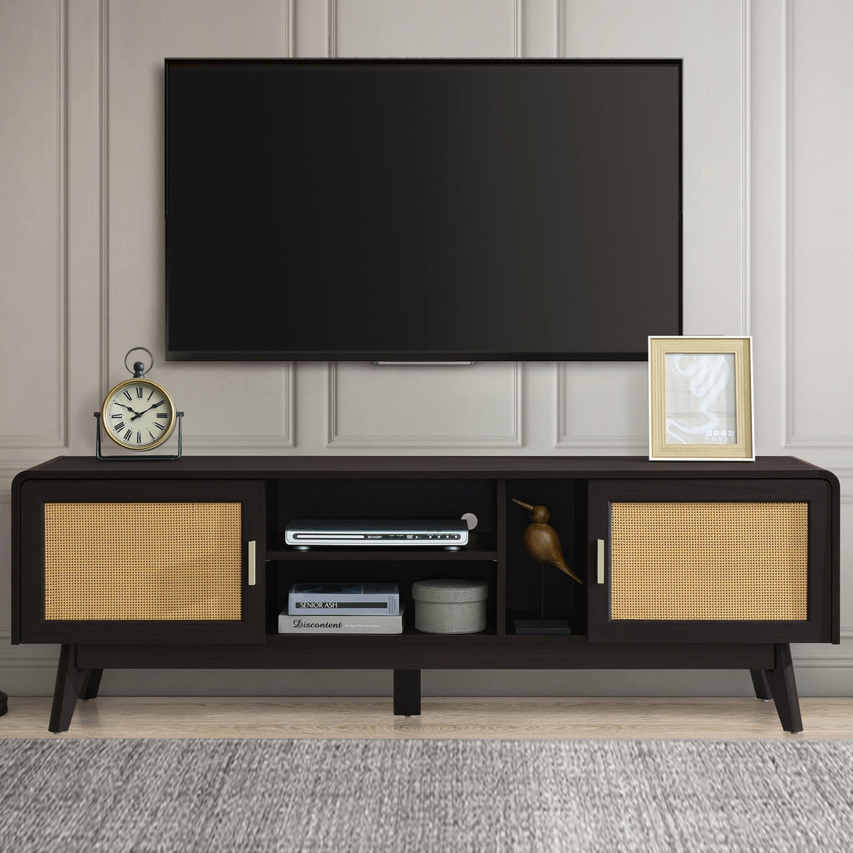 63'' Dark Rattan TV Stand with 2 Storage Cabinets and Solid Wood Legs
