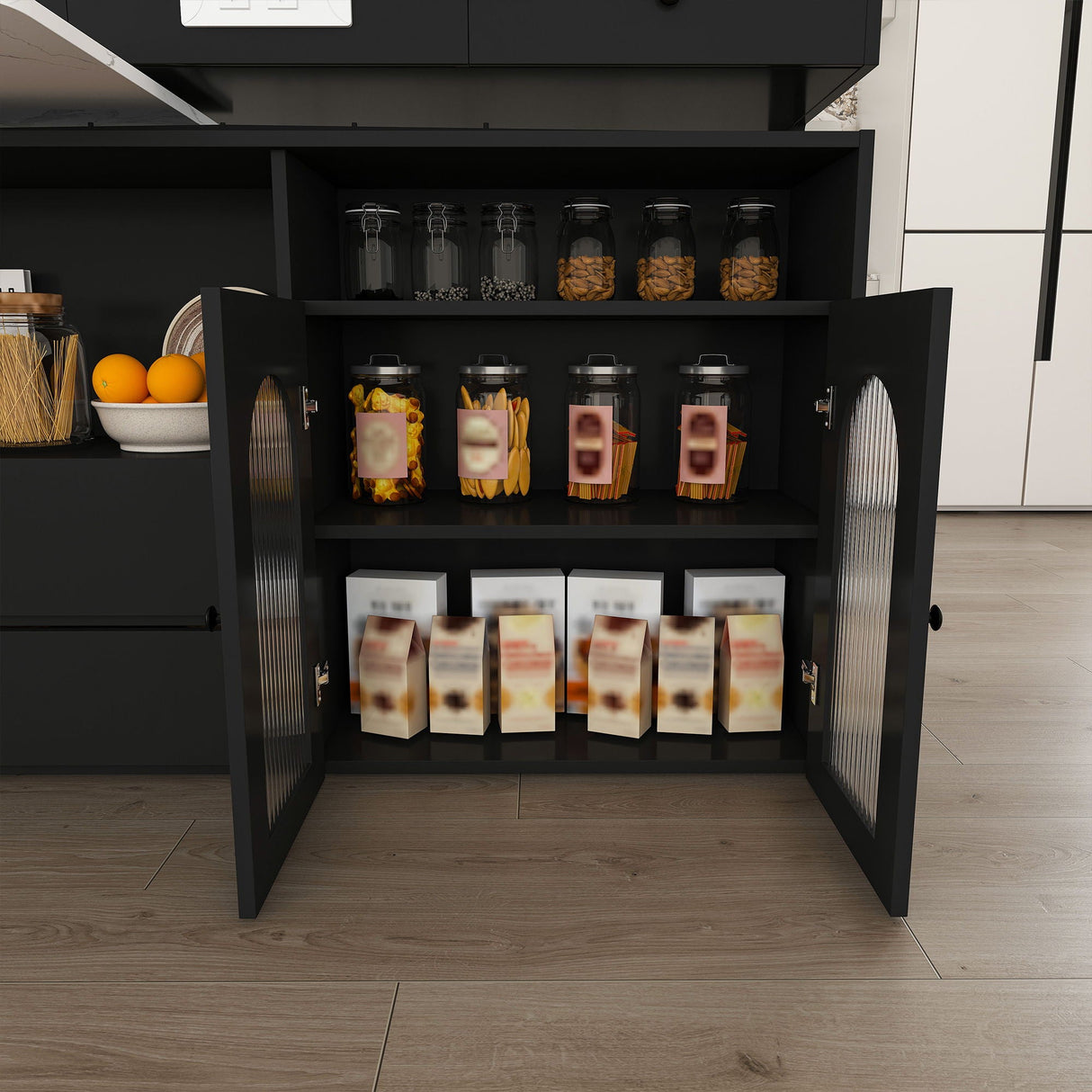 Retro Kitchen Island Set With Chairs, Extendable & Rotating Table, 4 Drawers & Door Cabinets
