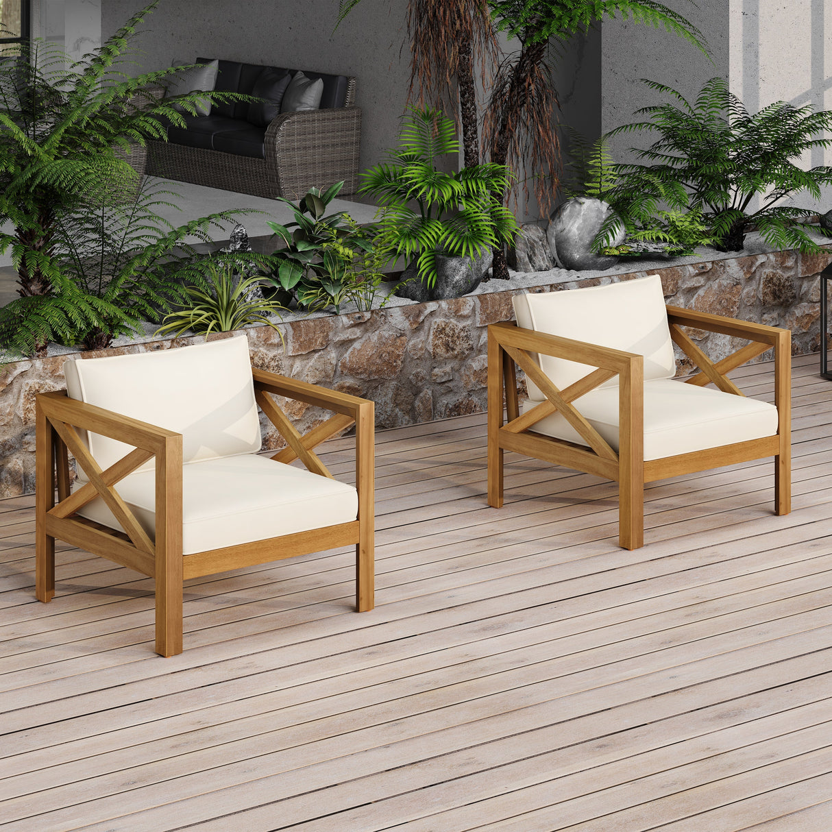 Patio Conversation Set with Foldable Acacia Wood Side Table and Cushions