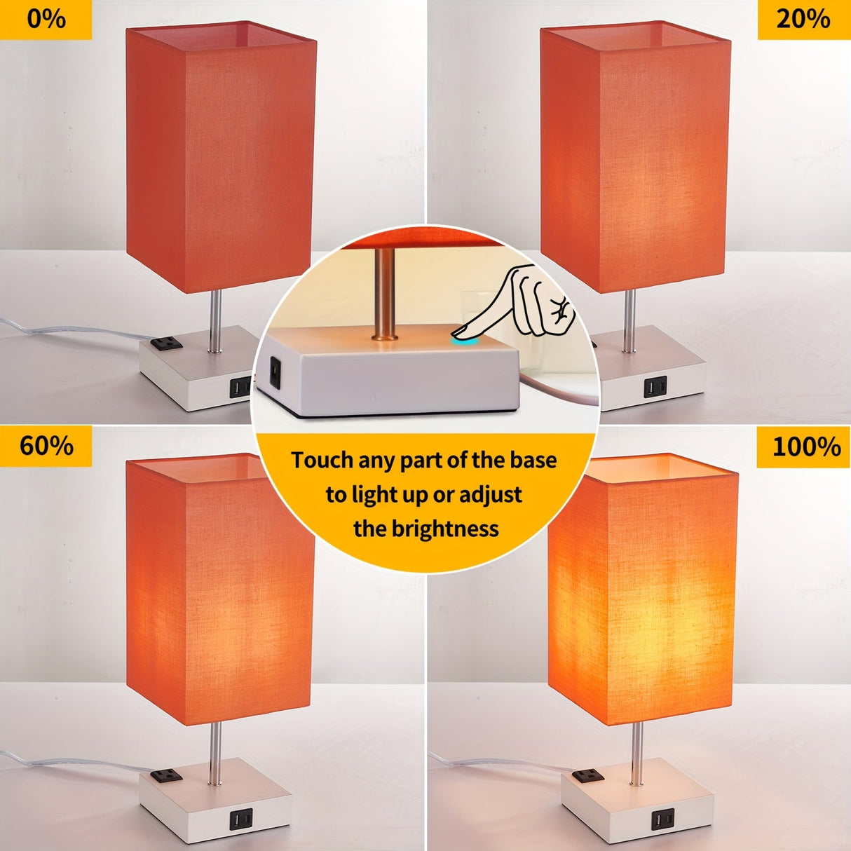 Touch Table Lamp with USB & Outlet – Modern Fabric Shade Bedside Light for Bedroom