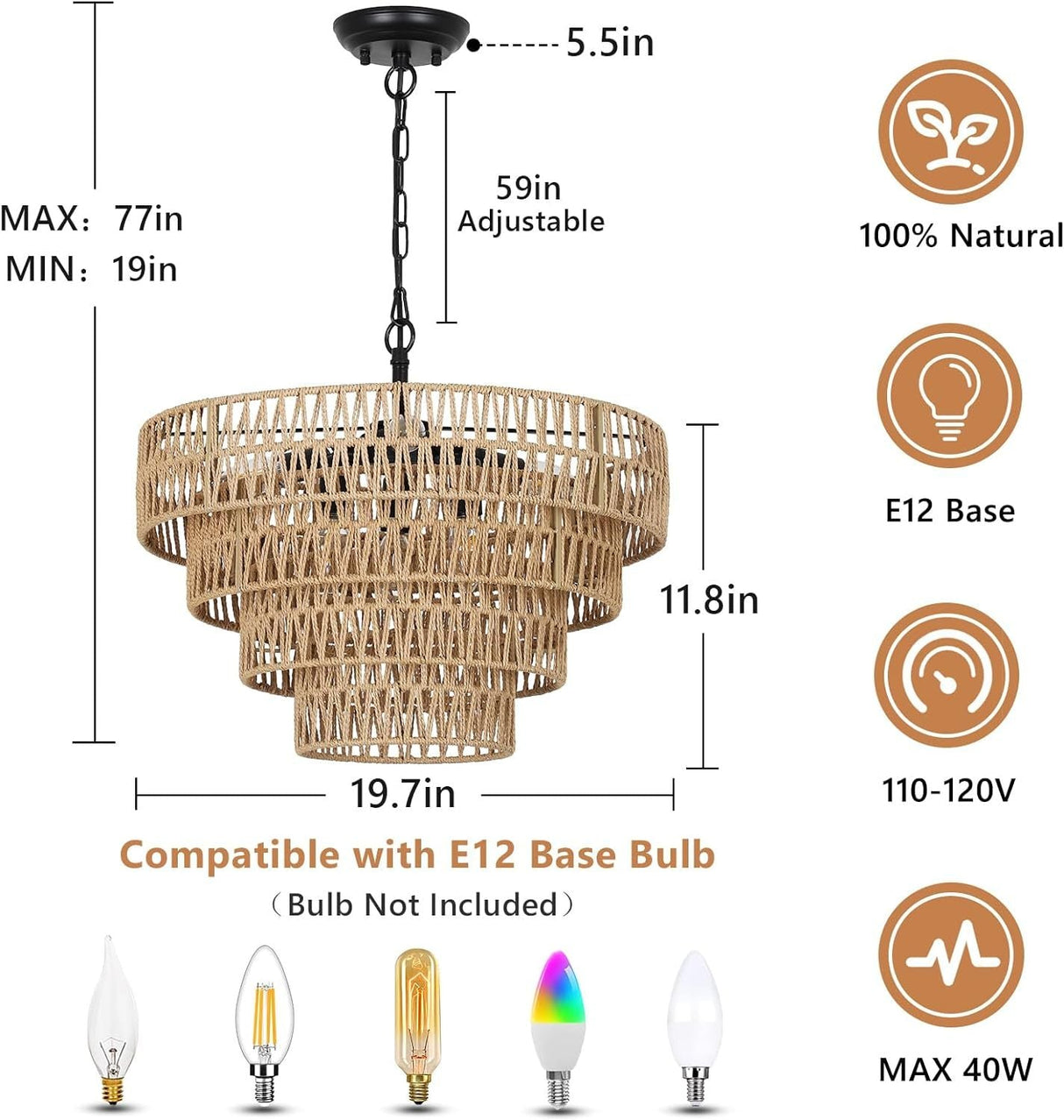 Boho Rattan Chandelier Four-Tier Handwoven Rattan Chandelier