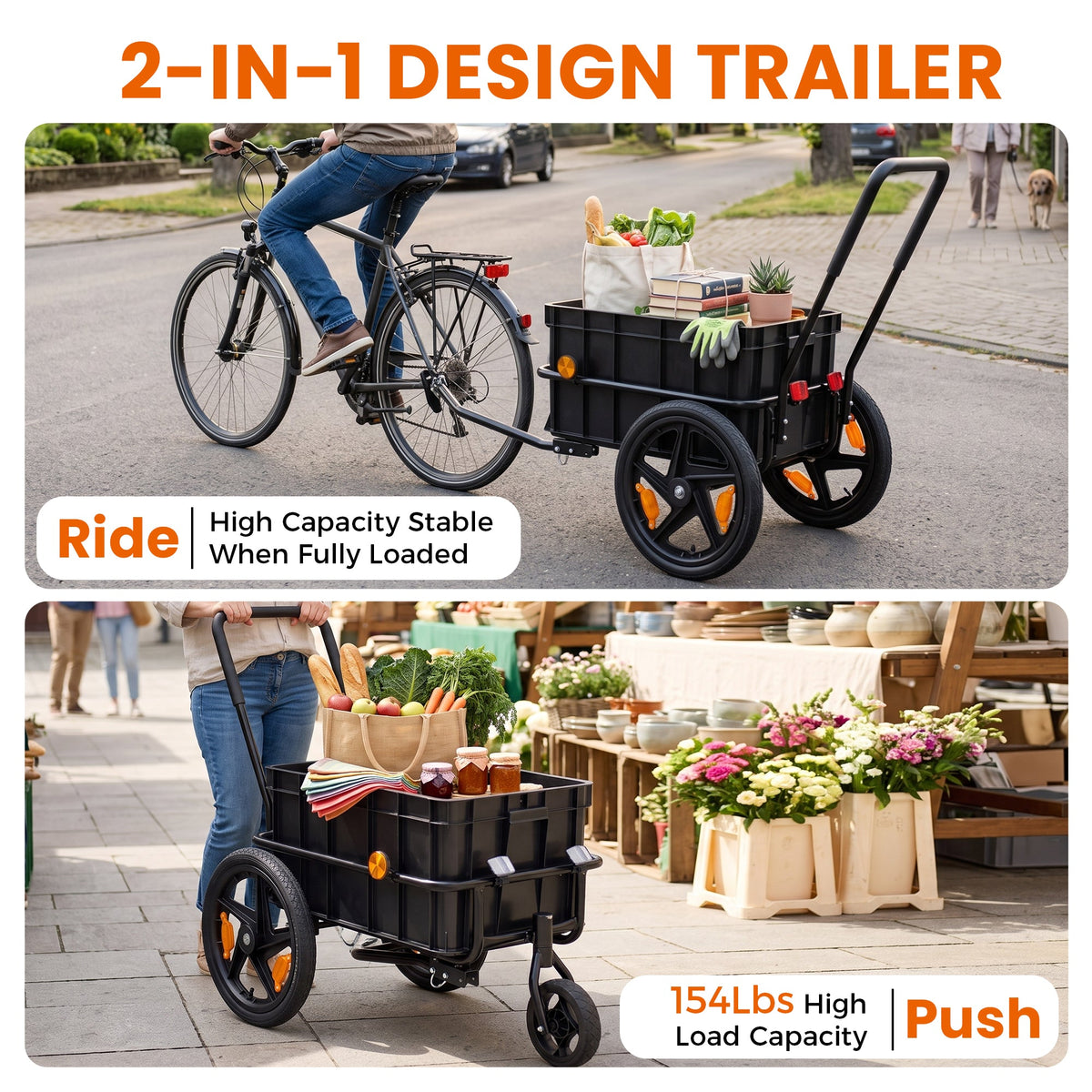 2-in-1 Bike Cargo Trailer Pushcart