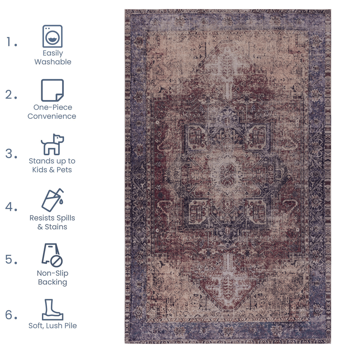 Maval Burgundy Washable Area Rug 3' x 5'