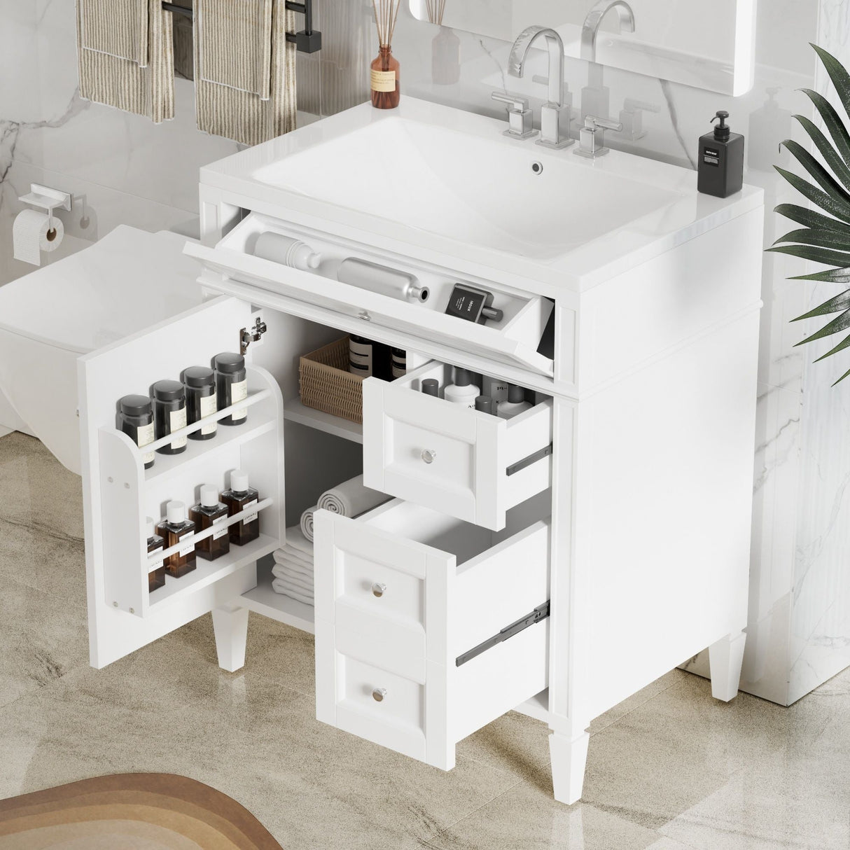 Bathroom Vanity With Top Sink, Storage Cabinet, 2 Drawers, Tip Out Drawer