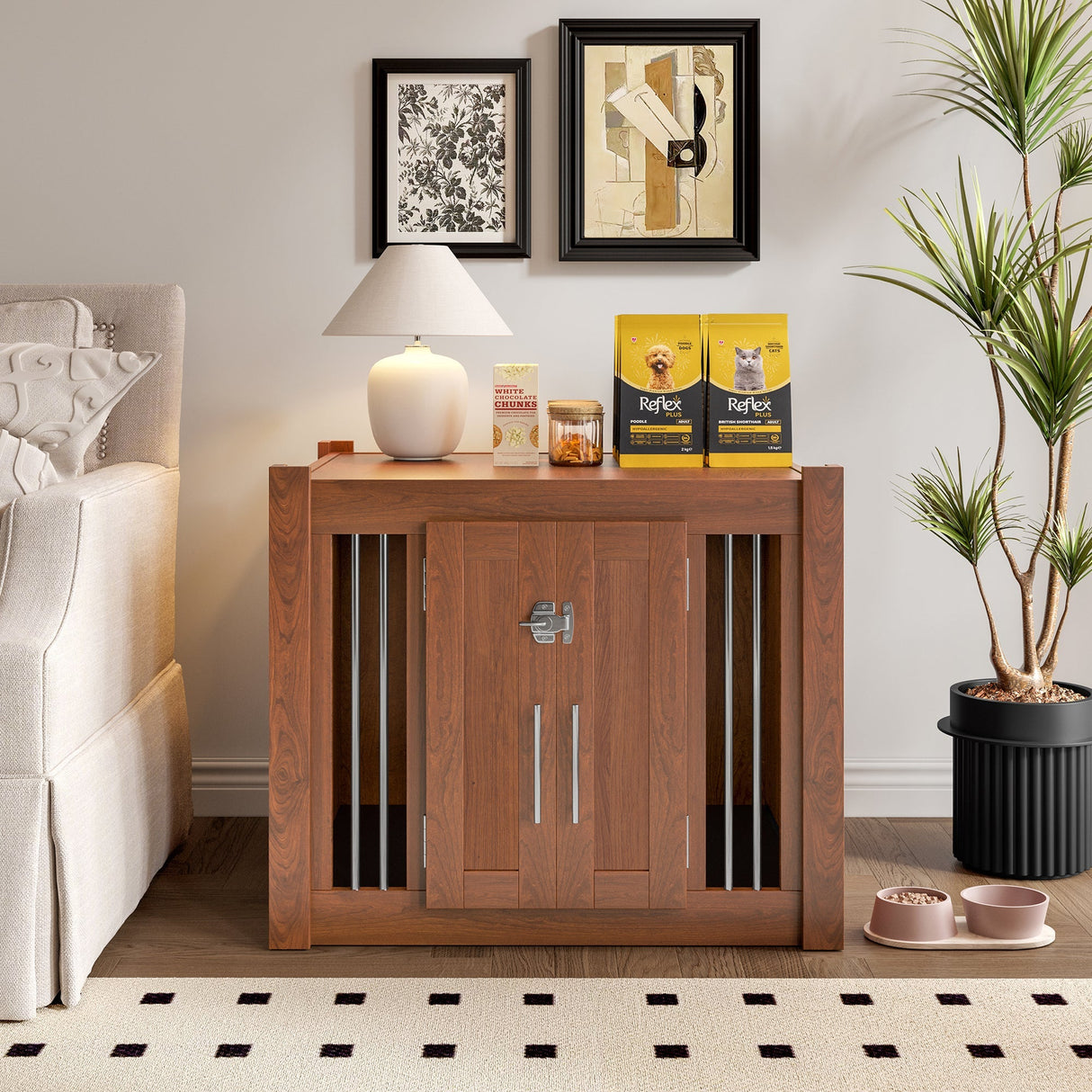 2 in 1 Walnut Dog Crate Nightstand with Storage