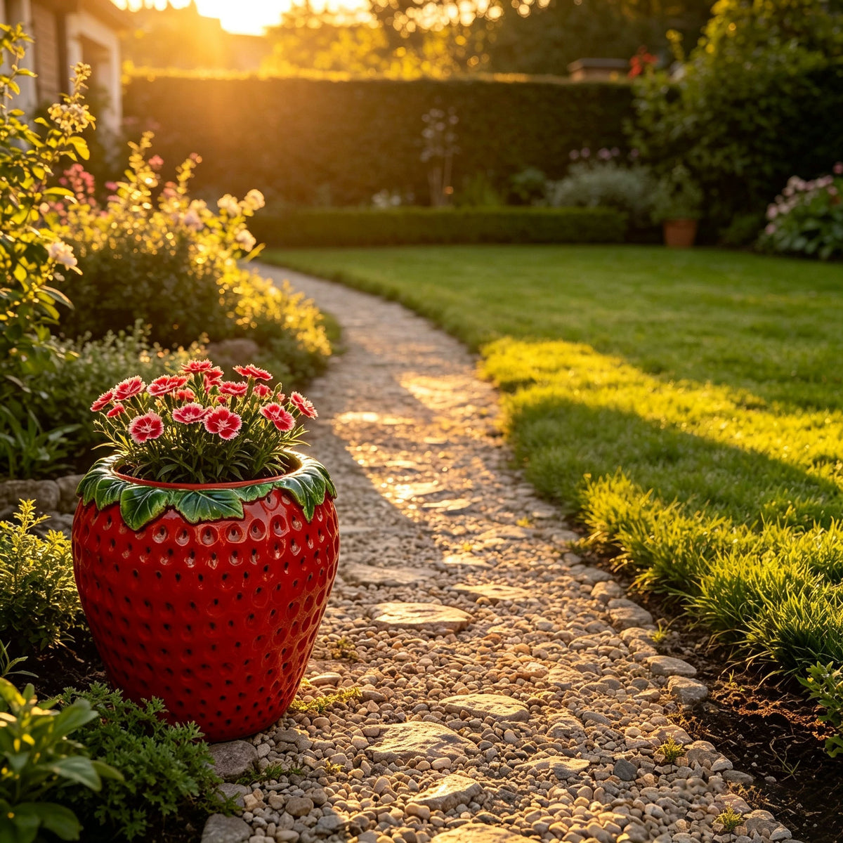 15'' tall Strawberry Shaped Planter Pot, Cute Fruit Decorative Flower Vase, Weather Resistant Outdoor Garden Planter for Patio Porch Yard Lawn Entryway Home Tabletop Decor