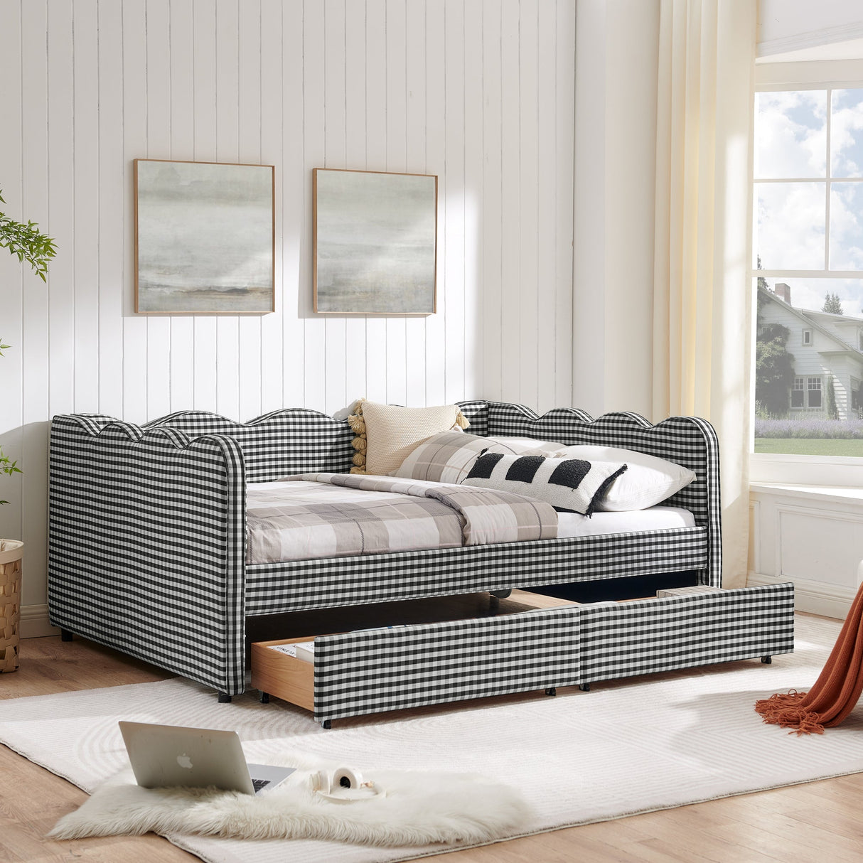 Full Size Cozy Gingham Daybed with Two Storage Drawers, with USB Port and Adorable Wave Shaped, Linen Fabric