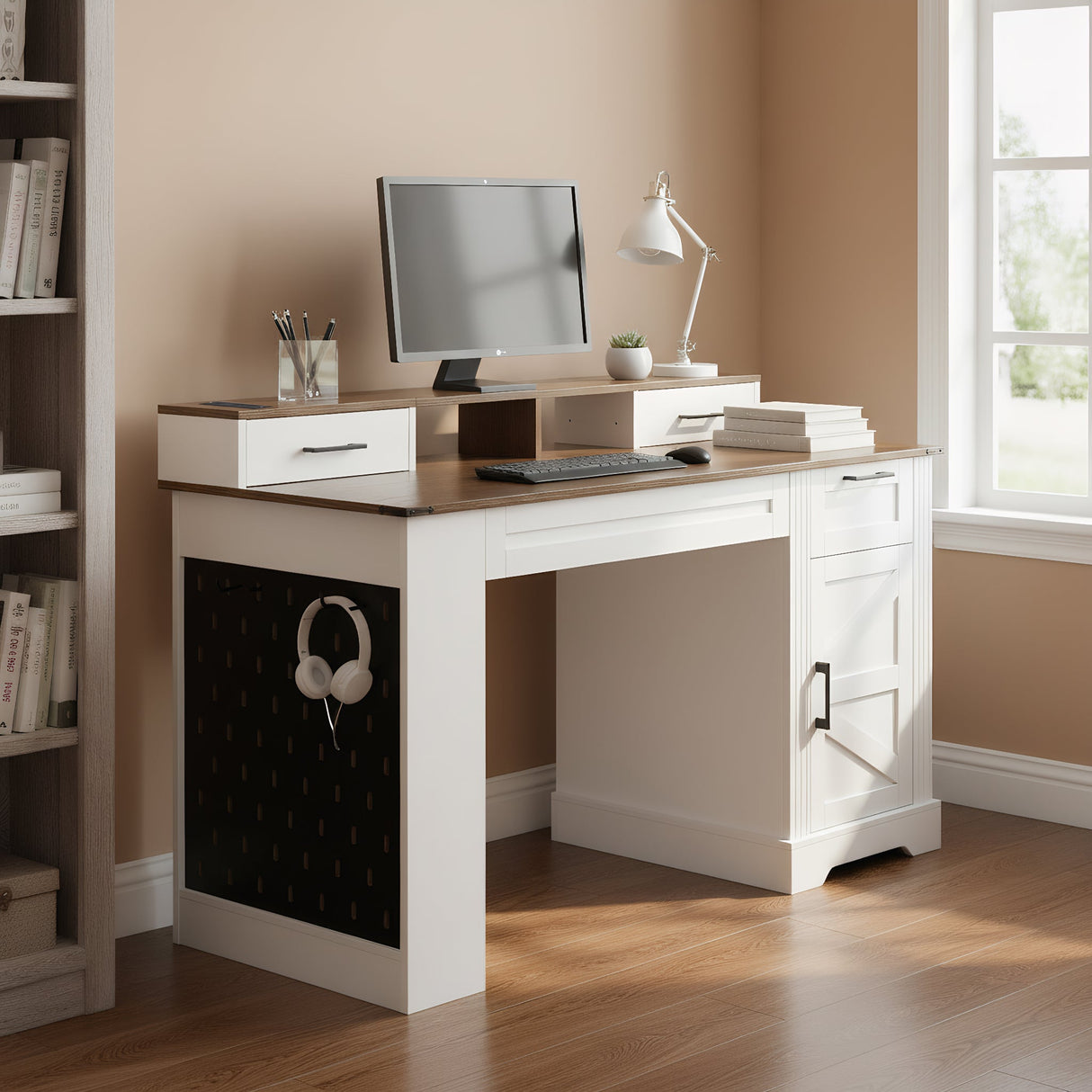 55" Farmhouse Office Desk with Storage Cabinet & Charging Station