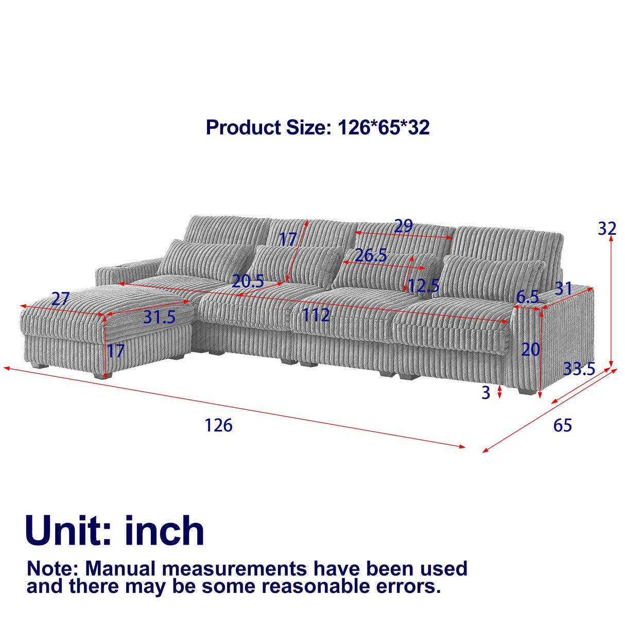 126-inch Corduroy With Cup Holder Super Large L-Shaped Sofa