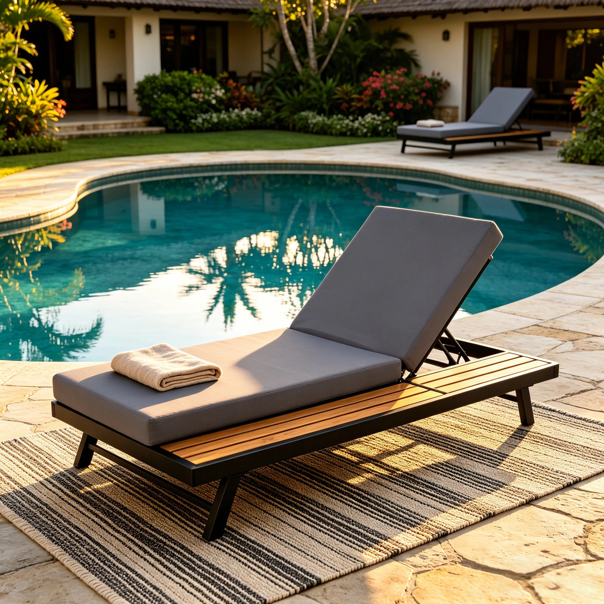 Black Iron + Teak Finish Chaise Lounge Set with Dark Grey Cushion