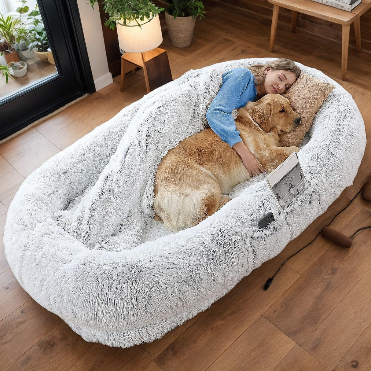 Human Dog Bed with Washable Faux Fur and Orthopedic Support