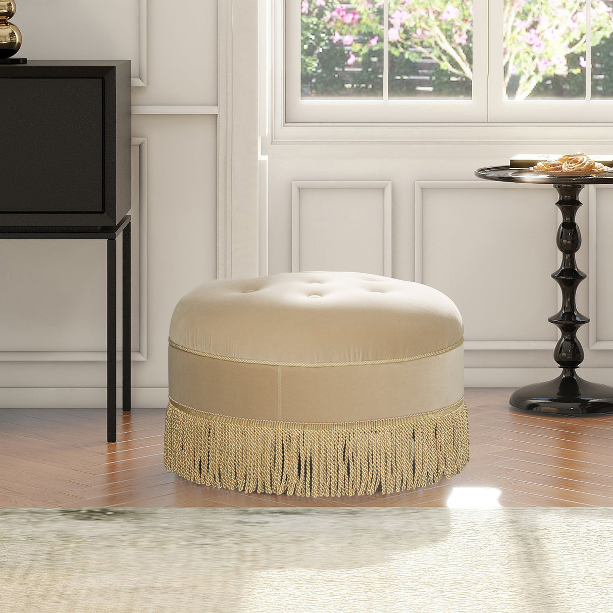 Yolanda 24" Round Upholstered Accent Ottoman in Fawn Brown Velvet