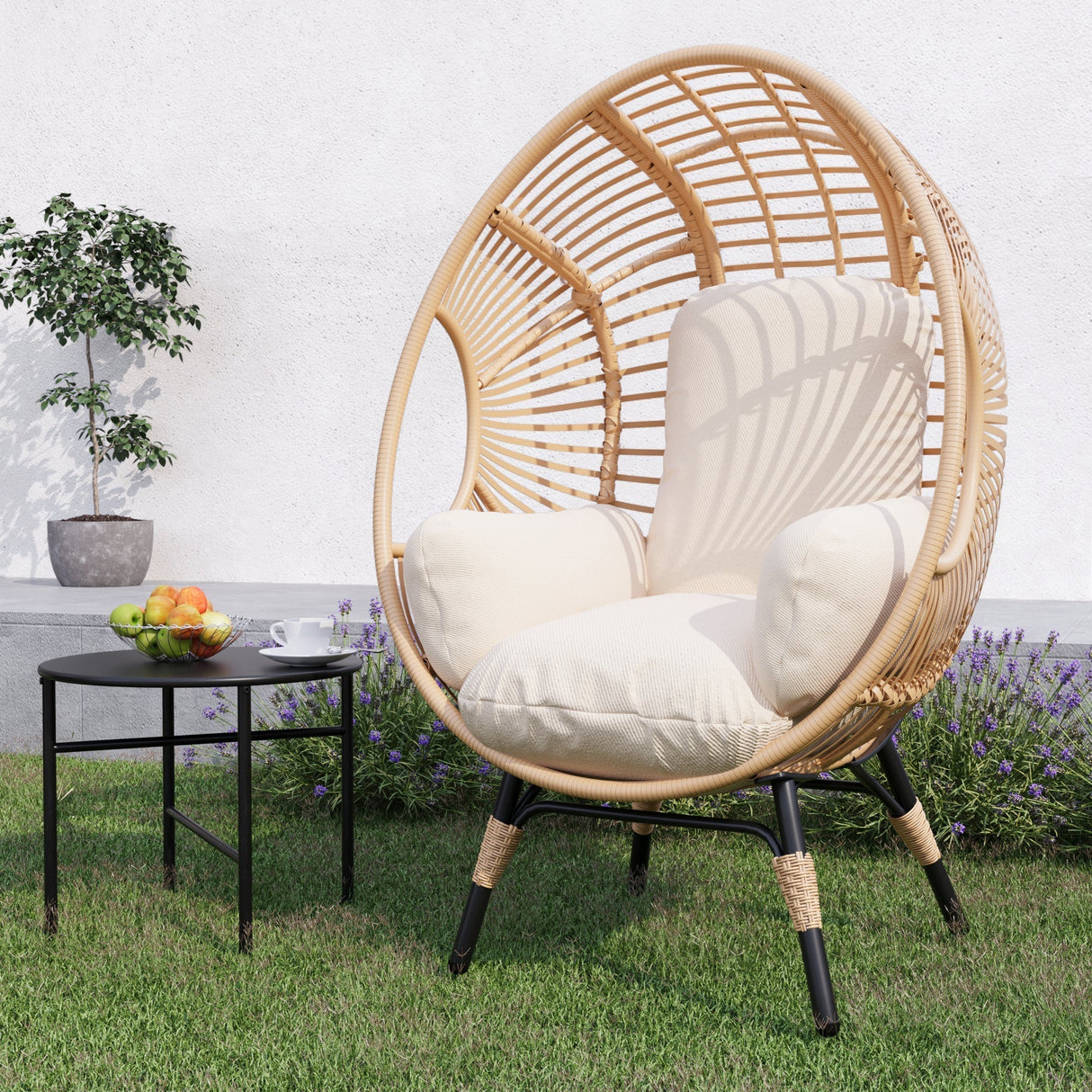 New Style PE Wicker Weaving Patio Egg Chair with Natural Color Rattan Beige Cushion