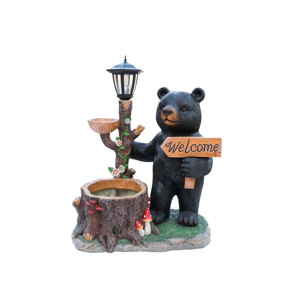 Decorative Standing Black Bear Garden Planter with Solar-Powered Lantern