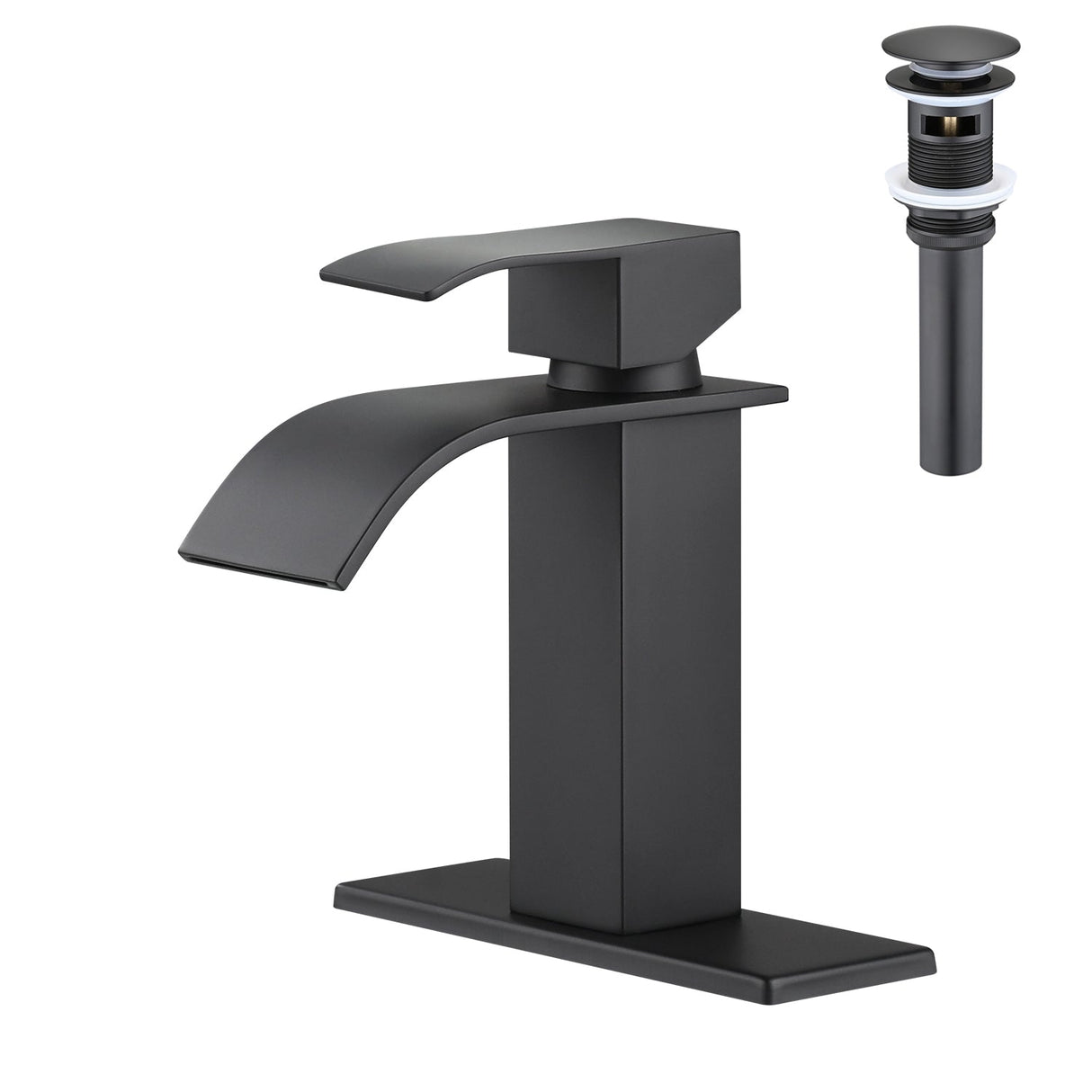 Waterfall Spout Bathroom Sink Single Handle Faucet with Pop-Up Drain