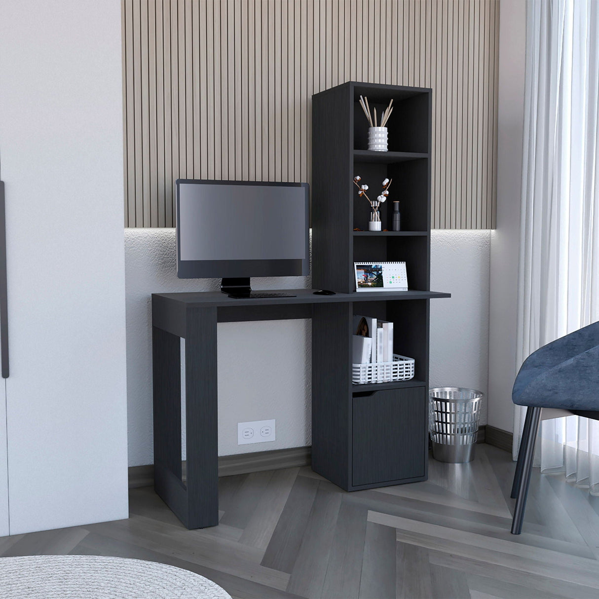 Writing Desk With Bookcase And Cabinet - Black