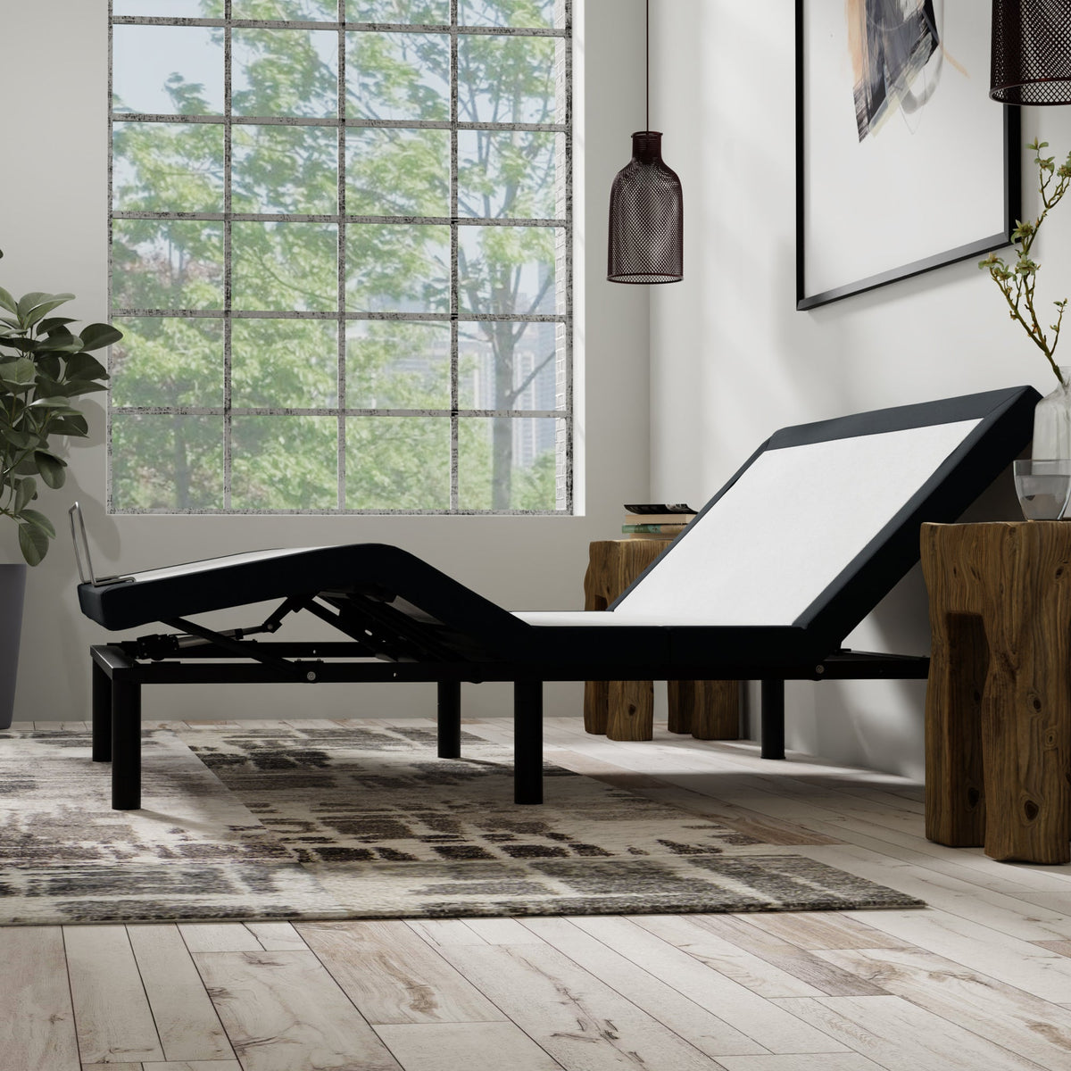 Full Adjustable Bed Base with Massage and USB Ports – White/Charcoal