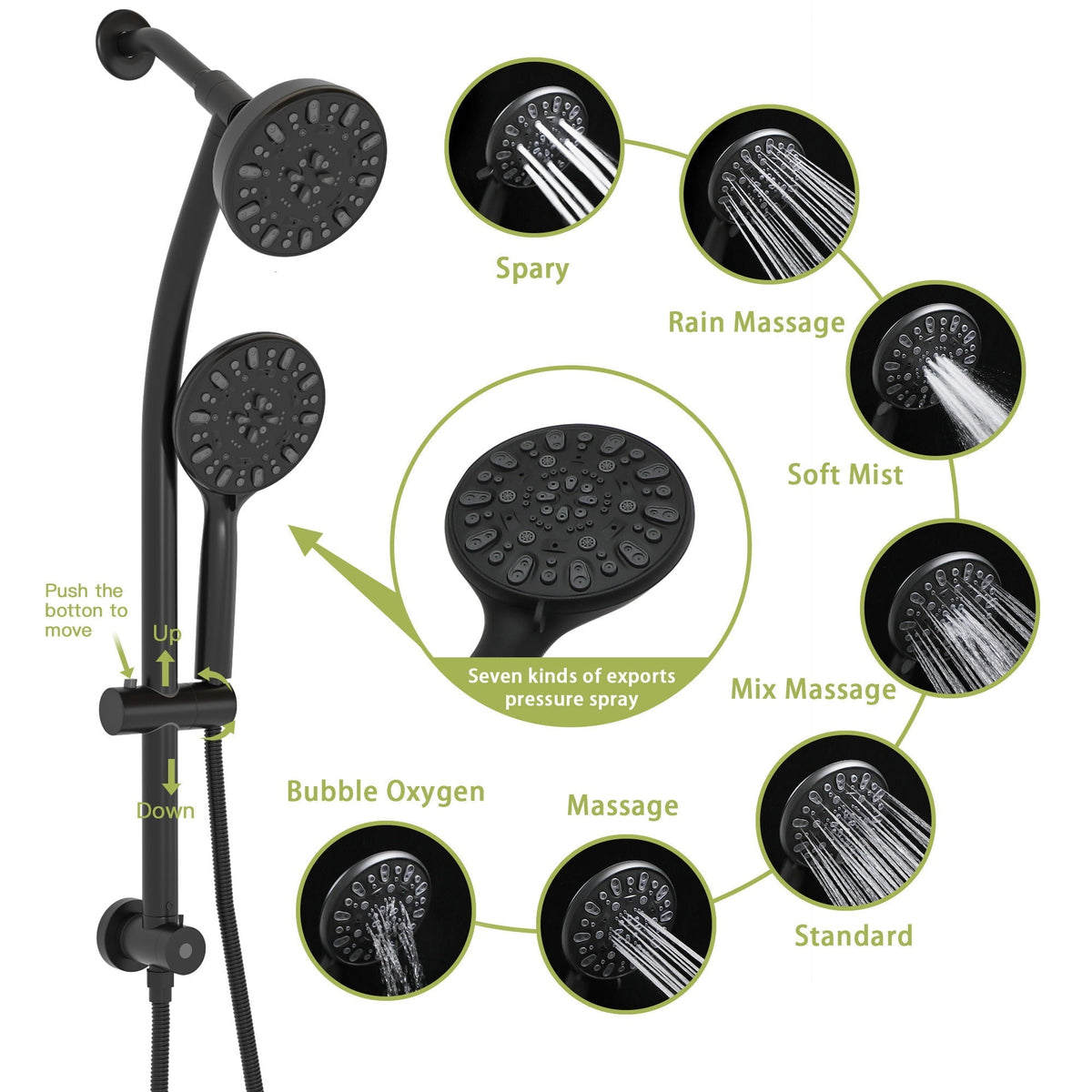 Multi Function Dual Shower Head Shower System With 4.7" Rain Showerhead, 7 Function Hand Shower, Adjustable Slide Bar